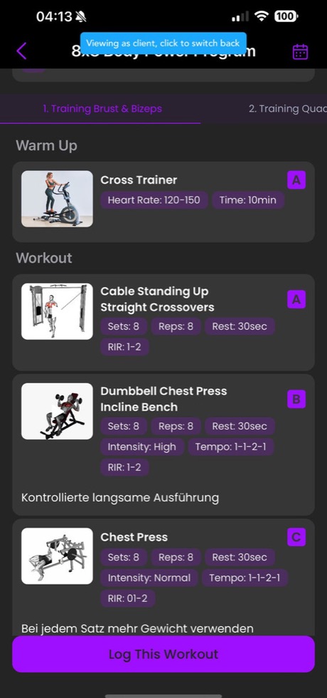 Screenshot der Roger Tanner Coaching App: Trainingsplan mit Sätzen, Wiederholungen und Tempo